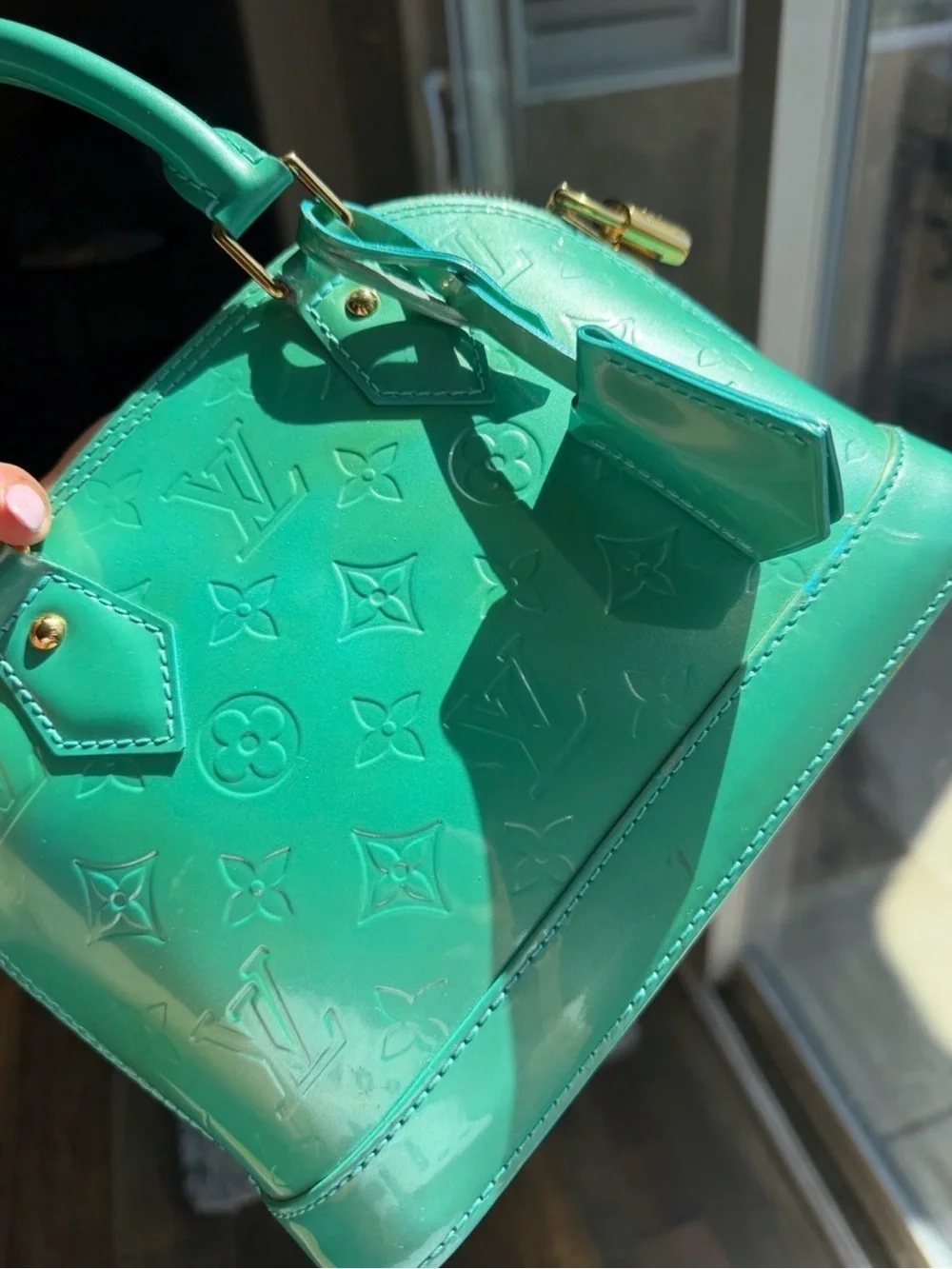 Louis Vuitton Turquoise Alma BB Vernis Satchel with Strap
